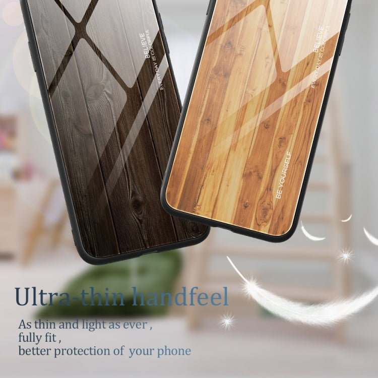 For iPhone 16 Wood Grain Glass Phone Case(Coffee) - iPhone 16 Cases by buy2fix | Online Shopping UK | buy2fix