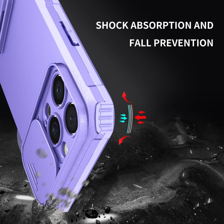 For iPhone 16 Pro Stereoscopic Holder Sliding Camshield Phone Case(Purple) - iPhone 16 Pro Cases by buy2fix | Online Shopping UK | buy2fix