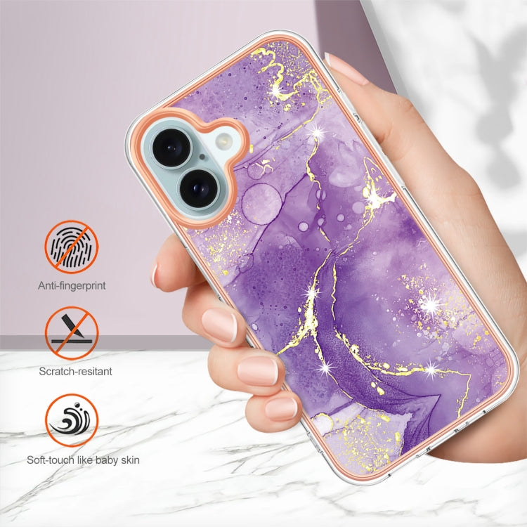 For iPhone 16 Electroplating Marble Pattern Dual-side IMD TPU Shockproof Phone Case (Purple 002) - iPhone 16 Cases by buy2fix | Online Shopping UK | buy2fix