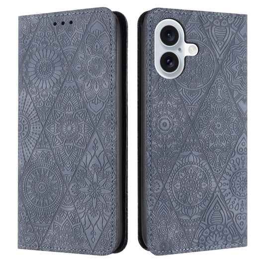 For iPhone 16 Plus Ethnic Embossed Adsorption Leather Phone Case(Grey) - iPhone 16 Plus Cases by buy2fix | Online Shopping UK | buy2fix