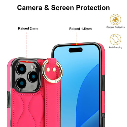 For iPhone 16 Pro Non-slip Full Coverage Ring PU Phone Case with Wristband(Rose Red) - iPhone 16 Pro Cases by buy2fix | Online Shopping UK | buy2fix