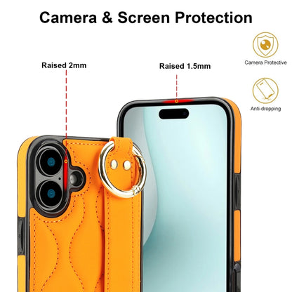 For iPhone 16 Non-slip Full Coverage Ring PU Phone Case with Wristband(Orange) - iPhone 16 Cases by buy2fix | Online Shopping UK | buy2fix