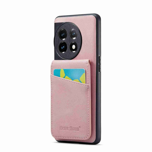 For OnePlus 11 Fierre Shann Crazy Horse Card Holder Back Cover PU Phone Case(Pink) - OnePlus Cases by FIERRE SHANN | Online Shopping UK | buy2fix