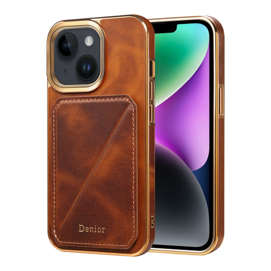 For iPhone 14 Denior Oil Wax Leather Electroplating Card Slot Holder Phone Case(Brown) - iPhone 14 Cases by Denior | Online Shopping UK | buy2fix