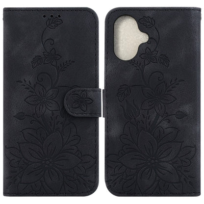 For iPhone 16 Lily Embossed Leather Phone Case(Black) - iPhone 16 Cases by buy2fix | Online Shopping UK | buy2fix