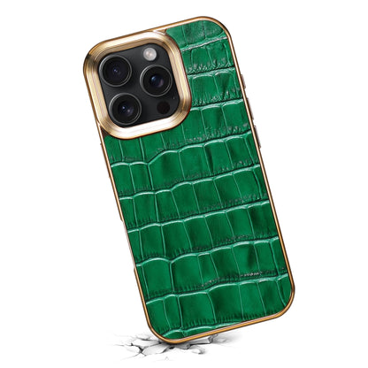 For iPhone 16 Pro Denior Crocodile Texture Genuine Leather Electroplating Phone Case(Green) - More iPhone Cases by Denior | Online Shopping UK | buy2fix