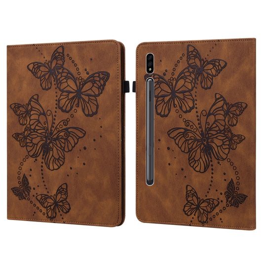 For Samsung Galaxy Tab S9 Embossed Butterfly Pattern Leather Tablet Case(Brown) - Galaxy Tab S9 Cases by buy2fix | Online Shopping UK | buy2fix