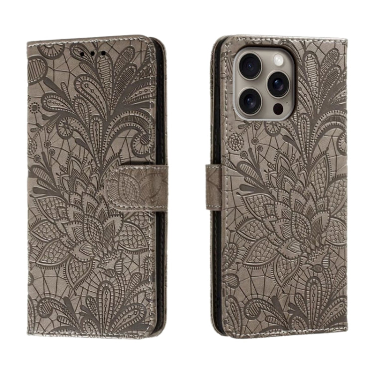 For iPhone 16 Pro Max Lace Flower Embossing Flip Leather Phone Case(Grey) - iPhone 16 Pro Max Cases by buy2fix | Online Shopping UK | buy2fix