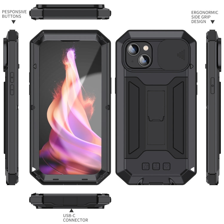 For iPhone 15 Plus R-JUST Sliding Camera IP54 Life Waterproof Holder Phone Case(Black) - iPhone 15 Plus Cases by R-JUST | Online Shopping UK | buy2fix