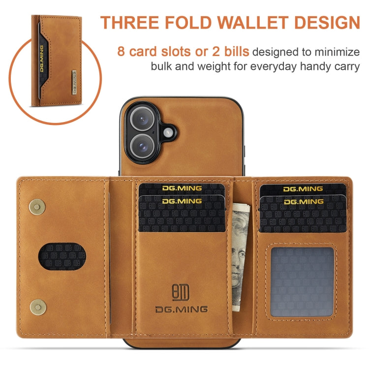 For iPhone 16 DG.MING M2 Series 3-Fold Card Bag Wallet Leather Phone Case(Brown) - iPhone 16 Cases by DG.MING | Online Shopping UK | buy2fix