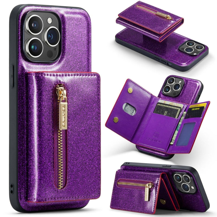 For iPhone 15 Pro DG.MING M3 Series Glitter Powder Card Bag Leather Phone Case(Dark Purple) - iPhone 15 Pro Cases by DG.MING | Online Shopping UK | buy2fix