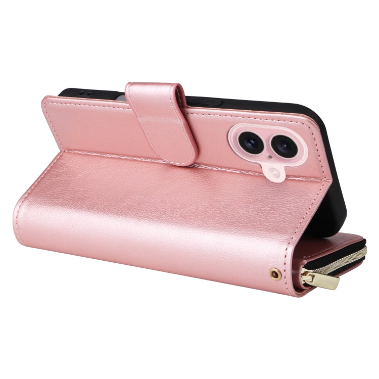 For iPhone 16 9 Card Slots Zipper Wallet Bag Leather Phone Case(Rose Gold) - iPhone 16 Cases by buy2fix | Online Shopping UK | buy2fix