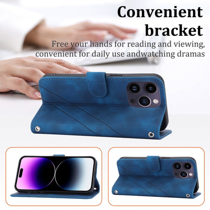 For iPhone 16 Pro Embossed Line Leather Phone Case with Lanyard(Blue) - iPhone 16 Pro Cases by buy2fix | Online Shopping UK | buy2fix