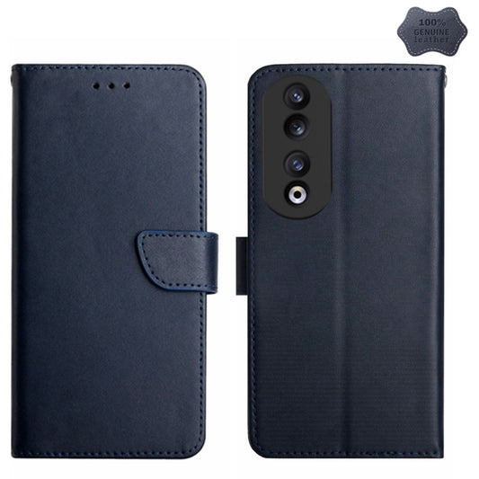 For Honor 90 HT02 Genuine Leather Fingerprint-proof Flip Phone Case(Blue) - Honor Cases by buy2fix | Online Shopping UK | buy2fix