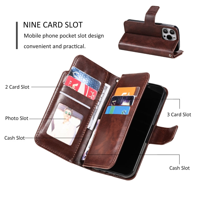 For iPhone 16 Pro Tri-Fold 9-Card Wallets Leather Phone Case(Brown) - iPhone 16 Pro Cases by buy2fix | Online Shopping UK | buy2fix