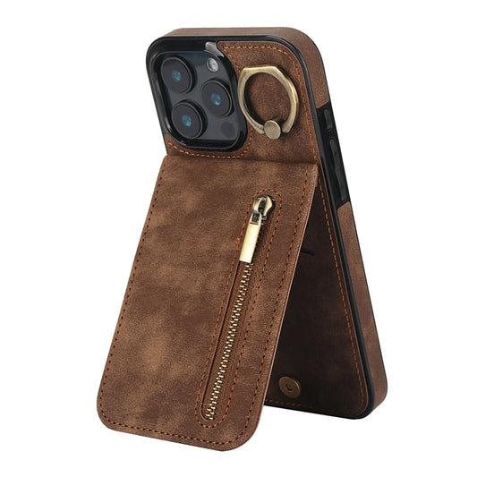 For iPhone 16 Pro Max Retro Ring and Zipper RFID Card Slot Phone Case(Brown) - iPhone 16 Pro Max Cases by buy2fix | Online Shopping UK | buy2fix