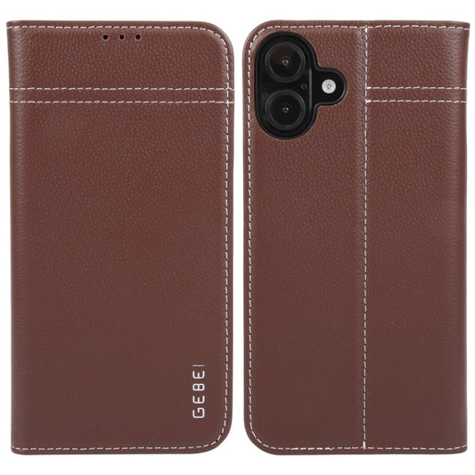 For iPhone 16 GEBEI Top-grain Horizontal Flip Leather Phone Case(Brown) - iPhone 16 Cases by GEBEI | Online Shopping UK | buy2fix