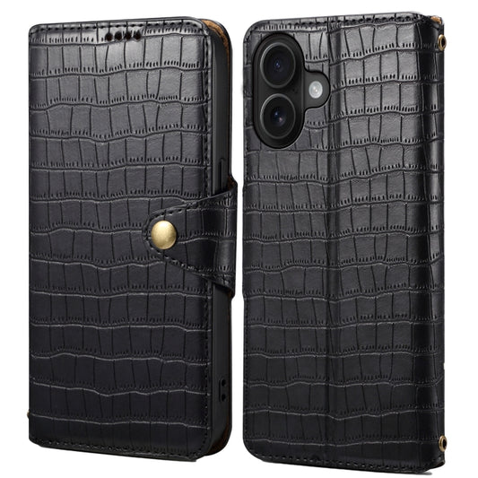 For iPhone 16 Denior Crocodile Texture Oil Edge Leather Phone Case(Black) - iPhone 16 Cases by Denior | Online Shopping UK | buy2fix