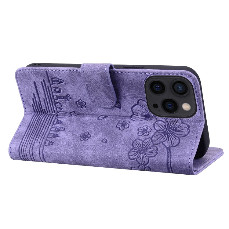 For iPhone 16 Pro Cartoon Sakura Cat Embossed Leather Phone Case(Purple) - iPhone 16 Pro Cases by buy2fix | Online Shopping UK | buy2fix