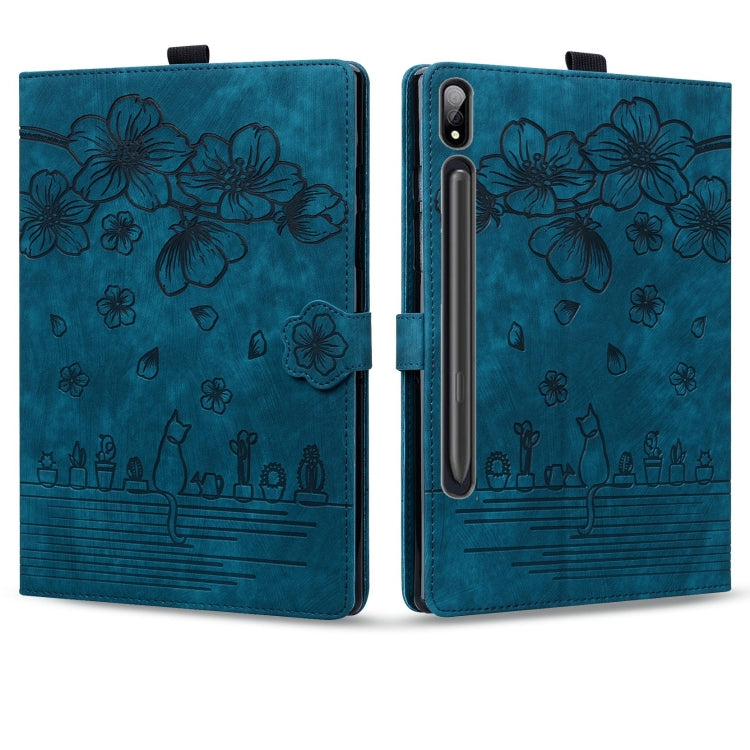 For Samsung Galaxy Tab S9+ /S8+ /S7+ Cartoon Sakura Cat Embossed Smart Leather Tablet Case(Blue) - Galaxy Tab S9+ Cases by buy2fix | Online Shopping UK | buy2fix