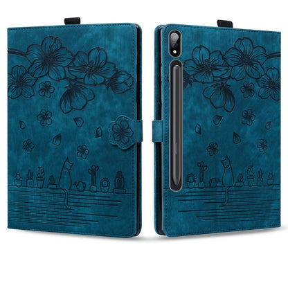 For Samsung Galaxy Tab S9+ /S8+ /S7+ Cartoon Sakura Cat Embossed Smart Leather Tablet Case(Blue) - Galaxy Tab S9+ Cases by buy2fix | Online Shopping UK | buy2fix