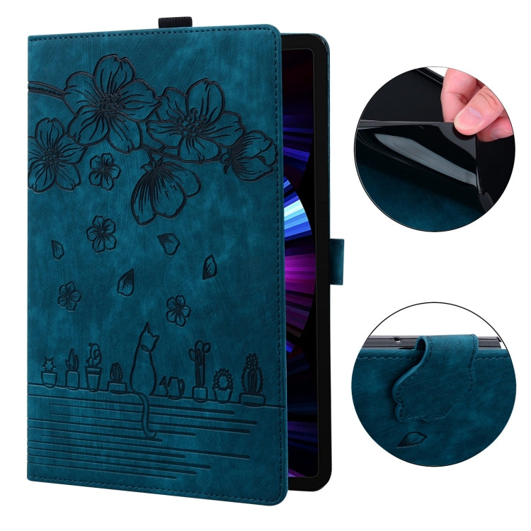 For Samsung Galaxy Tab S9+ /S8+ /S7+ Cartoon Sakura Cat Embossed Smart Leather Tablet Case(Blue) - Galaxy Tab S9+ Cases by buy2fix | Online Shopping UK | buy2fix