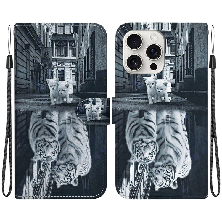 For iPhone 16 Pro Crystal Texture Colored Drawing Leather Phone Case(Cat Tiger Reflection) - iPhone 16 Pro Cases by buy2fix | Online Shopping UK | buy2fix