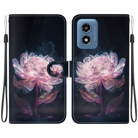 For Motorola Moto G Play 4G 2024 Crystal Texture Colored Drawing Leather Phone Case(Purple Peony) - Motorola Cases by buy2fix | Online Shopping UK | buy2fix