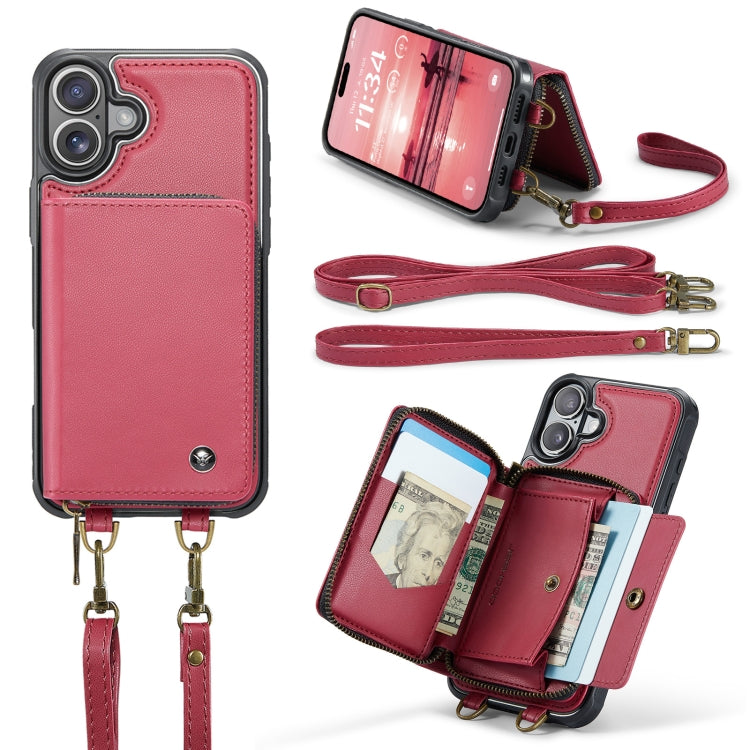 For iPhone 16 JEEHOOD C22 Series Zipper Wallet Leather Phone Case with Dual Lanyard(Red) - iPhone 16 Cases by JEEHOOD | Online Shopping UK | buy2fix