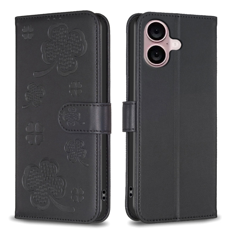 For iPhone 16 Four-leaf Embossed Leather Phone Case(Black) - iPhone 16 Cases by buy2fix | Online Shopping UK | buy2fix