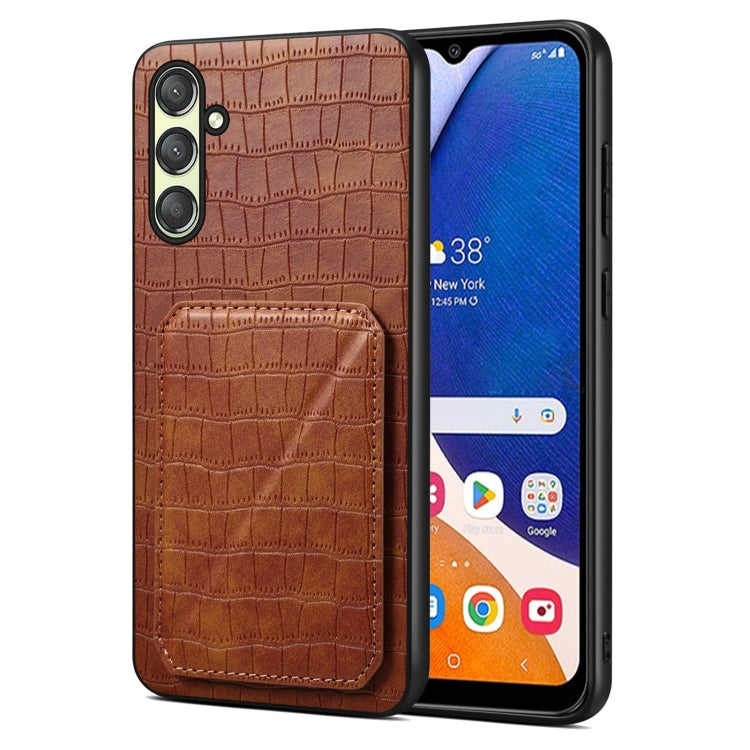 For Samsung Galaxy A14 4G/5G Denior Imitation Crocodile Leather Back Phone Case with Holder(Brown) - Galaxy Phone Cases by Denior | Online Shopping UK | buy2fix