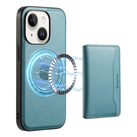 For iPhone 15 Denior Cowhide Texture Leather MagSafe Detachable Wallet Phone Case(Blue) - iPhone 15 Cases by Denior | Online Shopping UK | buy2fix