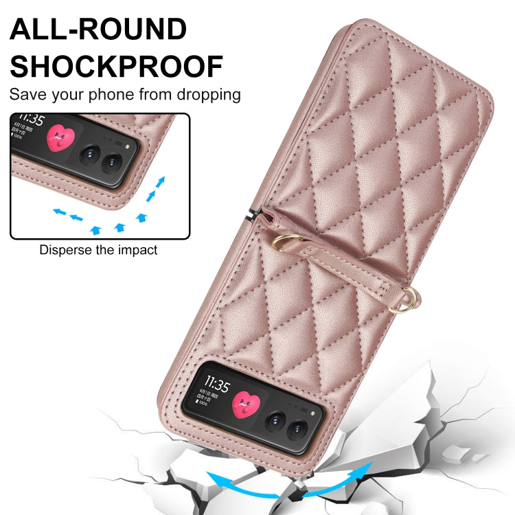 For Motorola Razr 40 Rhombic Texture Phone Case with Long & Short Lanyard(Rose Gold) - Motorola Cases by buy2fix | Online Shopping UK | buy2fix