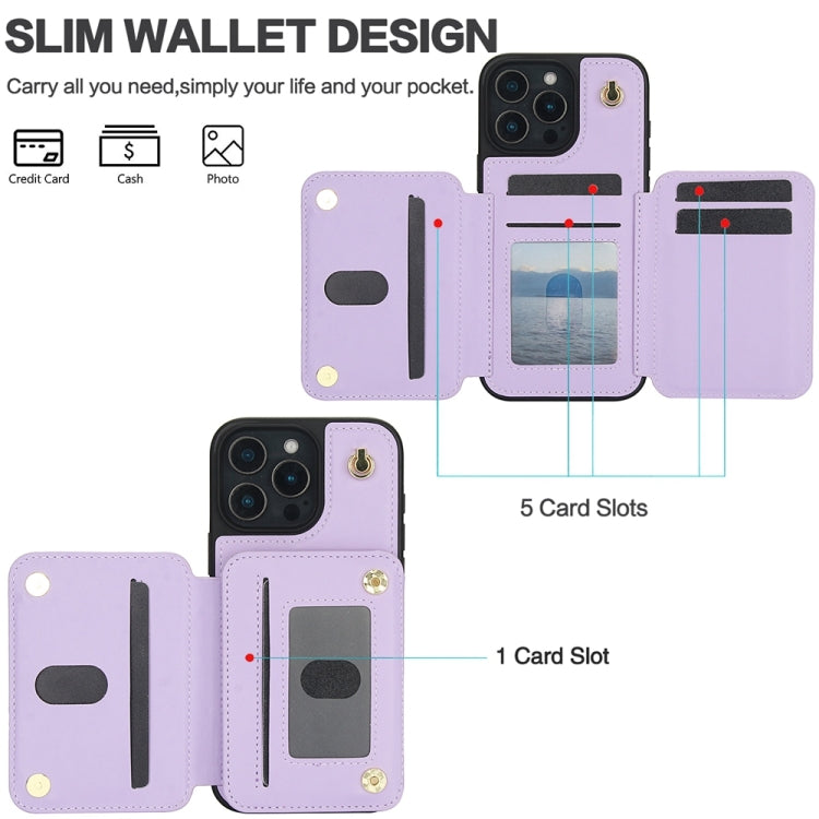 For iPhone 16 Pro Max YM006 Skin Feel Zipper Card Bag Phone Case with Dual Lanyard(Light Purple) - iPhone 16 Pro Max Cases by buy2fix | Online Shopping UK | buy2fix