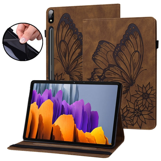 For Samsung Galaxy Tab S9 Ultra / S8 Ultra Big Butterfly Embossed Leather Tablet Case(Brown) - Galaxy Tab S9 Ultra Cases by buy2fix | Online Shopping UK | buy2fix