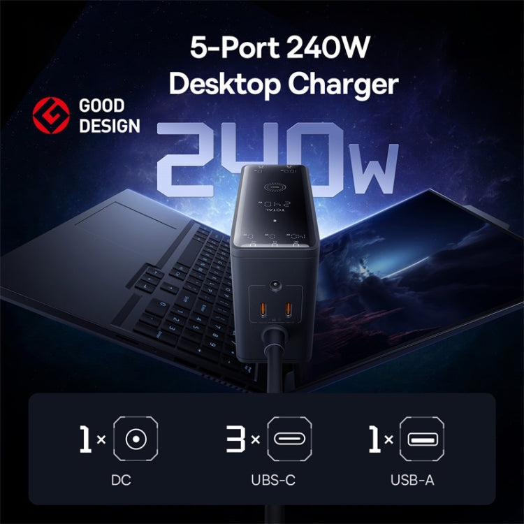 Baseus Digital 240W GaN Intelligent Desktop Fast Charger with 1m DC Charging Cable, EU Plug(Black) - Multifunction Charger by Baseus | Online Shopping UK | buy2fix