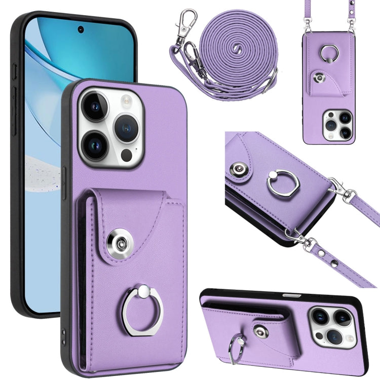 For iPhone 16 Pro Organ Card Bag Ring Holder Phone Case with Long Lanyard(Purple) - iPhone 16 Pro Cases by buy2fix | Online Shopping UK | buy2fix