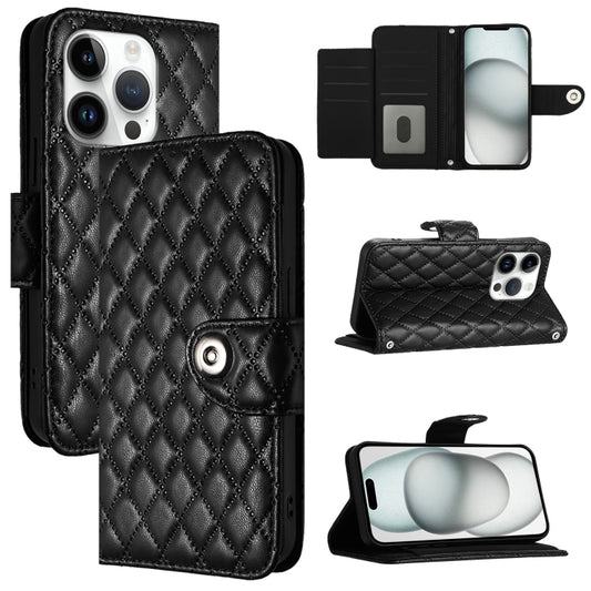 For iPhone 16 Pro Rhombic Texture Flip Leather Phone Case with Lanyard(Black) - iPhone 16 Pro Cases by buy2fix | Online Shopping UK | buy2fix