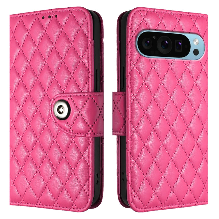 For Google Pixel 9 / Pixel 9 Pro Rhombic Texture Flip Leather Phone Case with Lanyard(Rose Red) - Google Cases by buy2fix | Online Shopping UK | buy2fix