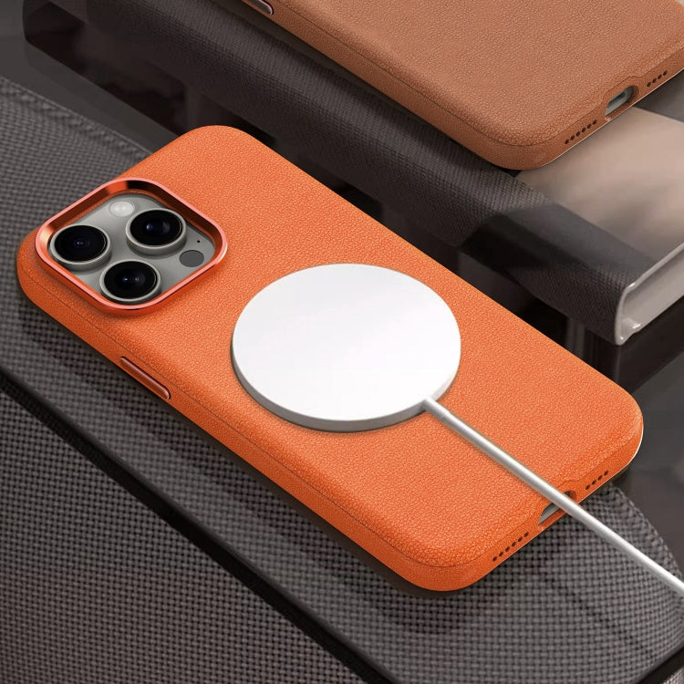 For iPhone 14 Pro Max Metal Lens Frame Leather Magsafe Full Coverage Shockproof Phone Case(Orange) - iPhone 14 Pro Max Cases by buy2fix | Online Shopping UK | buy2fix