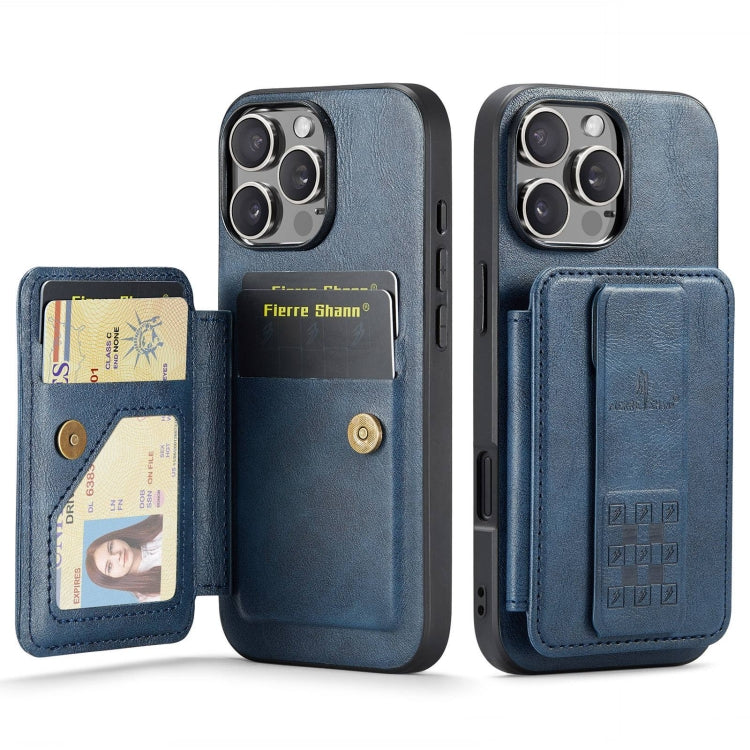 For iPhone 16 Pro Fierre Shann Oil Wax Cow Leather Card Holder Back Phone Case(Blue) - iPhone 16 Pro Cases by FIERRE SHANN | Online Shopping UK | buy2fix