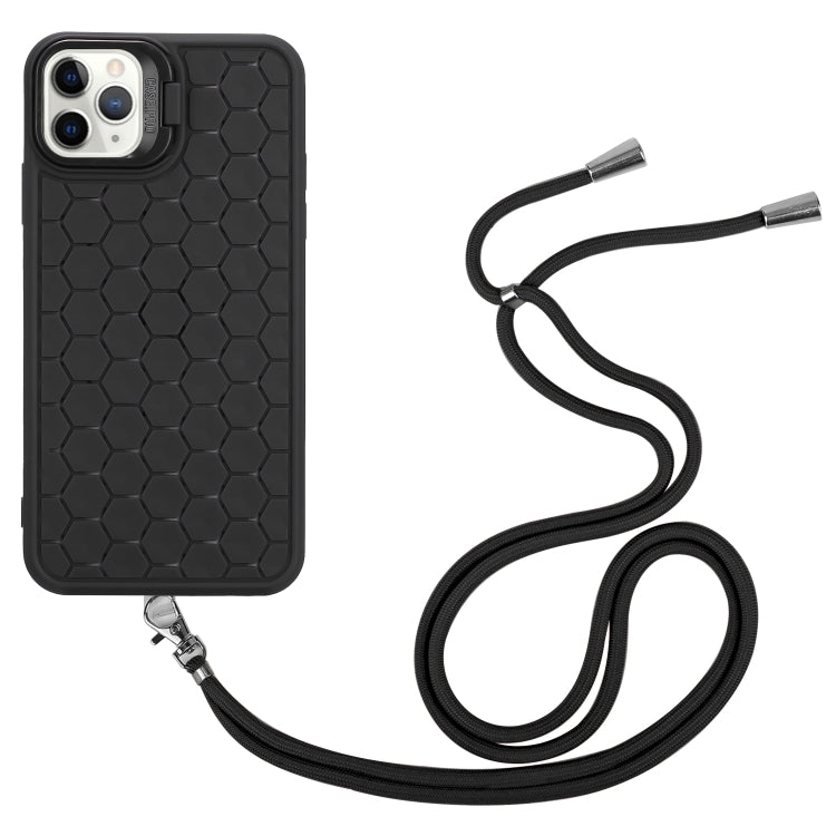 For iPhone 15 Pro Honeycomb Radiating Lens Holder Magsafe Phone Case with Lanyard(Black) - iPhone 15 Pro Cases by buy2fix | Online Shopping UK | buy2fix