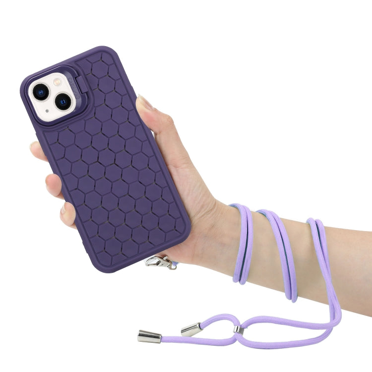 For iPhone 15 Plus Honeycomb Radiating Lens Holder Magsafe Phone Case with Lanyard(Purple) - iPhone 15 Plus Cases by buy2fix | Online Shopping UK | buy2fix