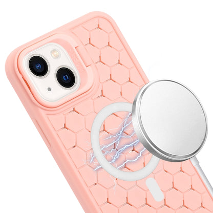 For iPhone 13 Honeycomb Radiating Lens Holder Magsafe Phone Case with Lanyard(Pink) - iPhone 13 Cases by buy2fix | Online Shopping UK | buy2fix