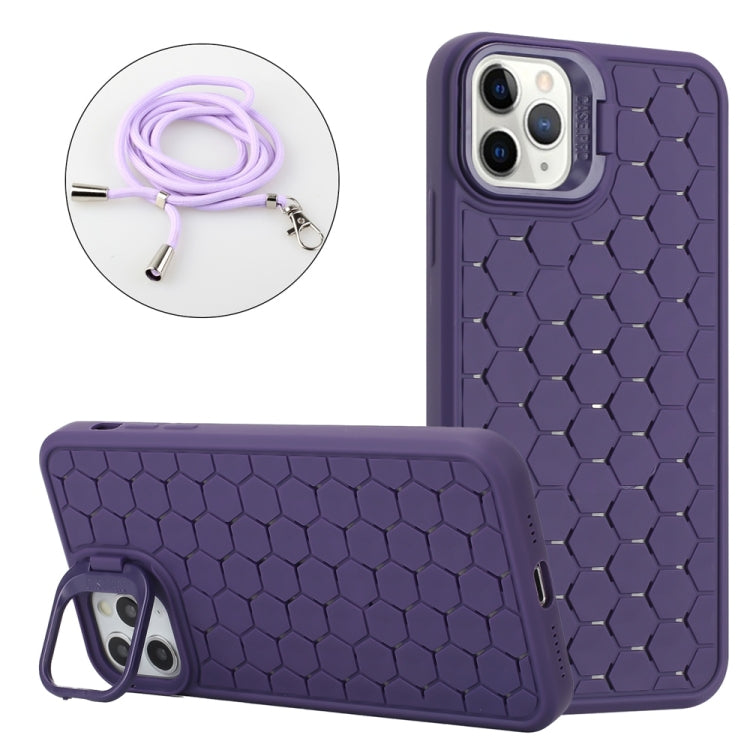 For iPhone 16 Pro Honeycomb Radiating Lens Holder Magsafe Phone Case with Lanyard(Purple) - iPhone 16 Pro Cases by buy2fix | Online Shopping UK | buy2fix