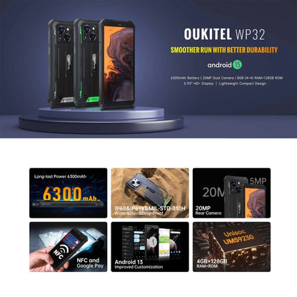 Oukitel WP32, 4GB+128GB, IP68/IP69K, 5.93 inch Android 13 Unisoc Tiger T606 Octa-core, NFC, OTG, Network: 4G(Black) - OUKITEL by OUKITEL | Online Shopping UK | buy2fix