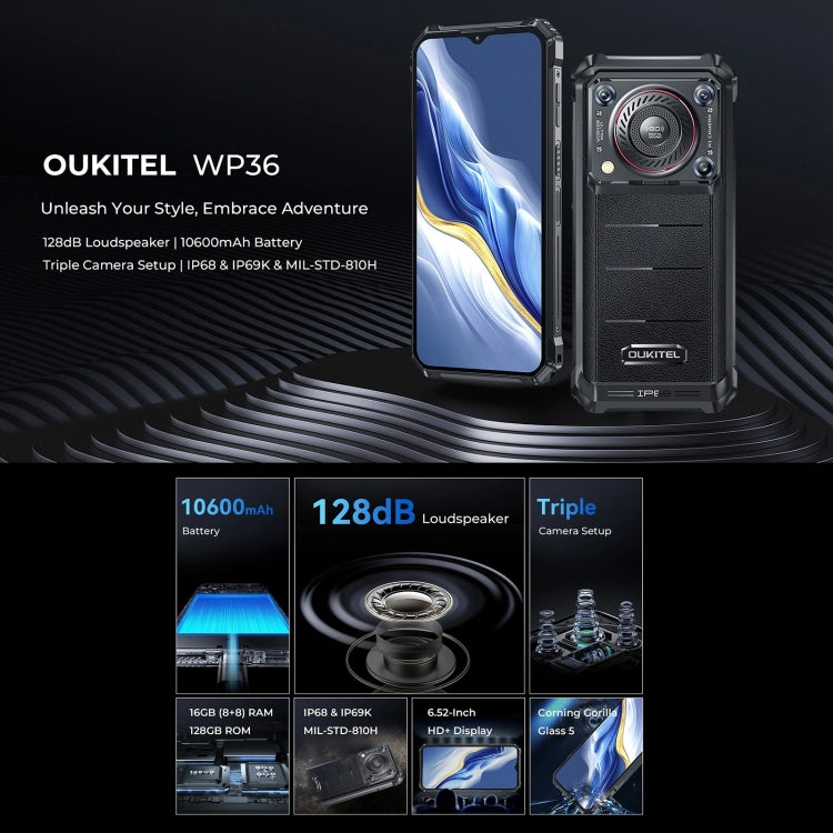 Oukitel WP36, 8GB+128GB, IP68/IP69K, Fingerprint Identification, 10600mAh, 6.52 inch MediaTek MT8788 Octa Core, NFC, OTG, Network: 4G(Black) - Other by OUKITEL | Online Shopping UK | buy2fix