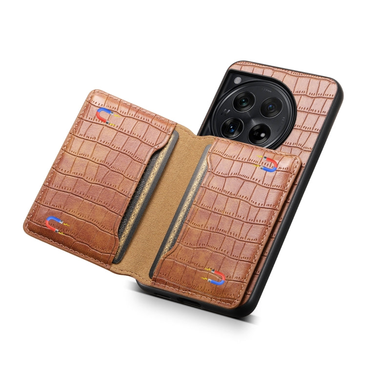 For OnePlus 12 Crocodile Texture Card Bag Design Full Coverage Phone Case(Brown) - OnePlus Cases by buy2fix | Online Shopping UK | buy2fix