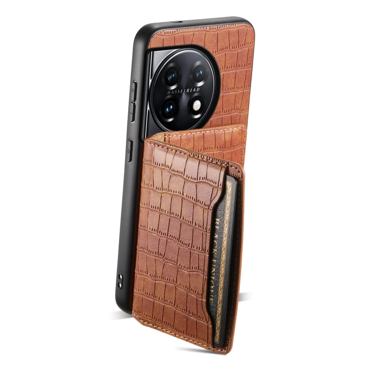 For OnePlus 11 Crocodile Texture Card Bag Design Full Coverage Phone Case(Brown) - OnePlus Cases by buy2fix | Online Shopping UK | buy2fix