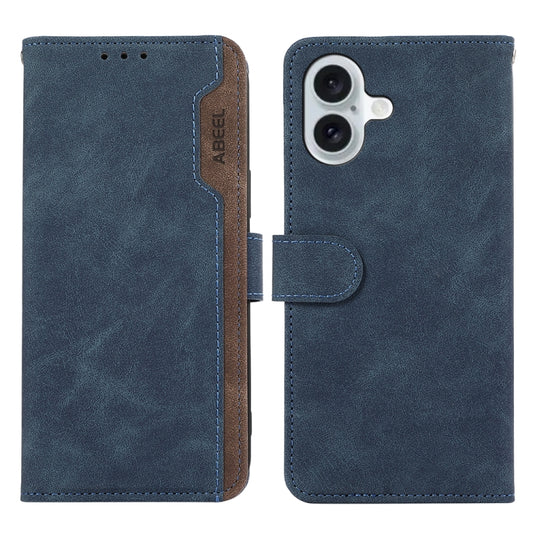 For iPhone 16 Plus ABEEL Color Block Magnetic RFID Leather Phone Case(Blue-Brown) - iPhone 16 Plus Cases by buy2fix | Online Shopping UK | buy2fix